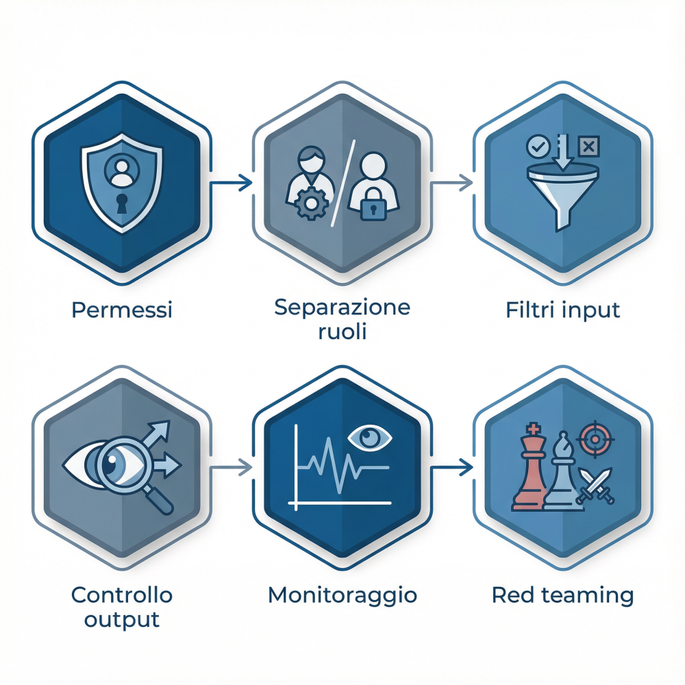 Schema delle 6 aree di difesa contro prompt injection: Permessi, Separazione ruoli, Filtri input, Controllo output, Monitoraggio, Red teaming
