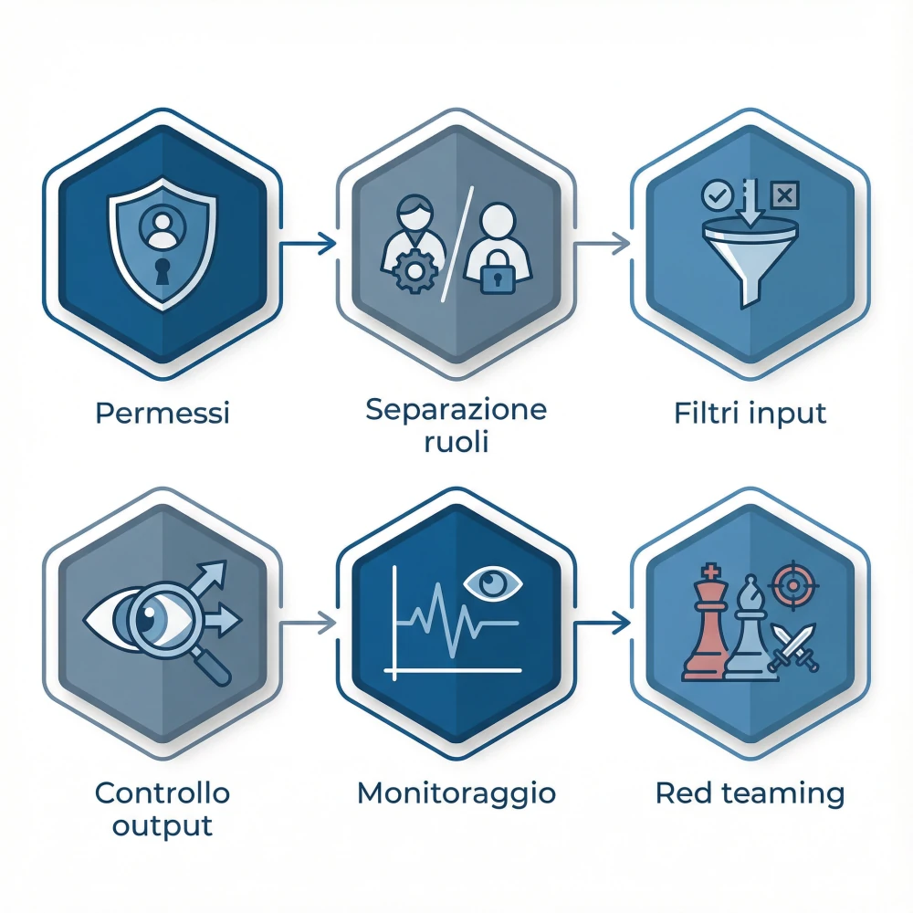 Sei difese dalla prompt injection: permessi, ruoli, filtri, output, monitoraggio, red team