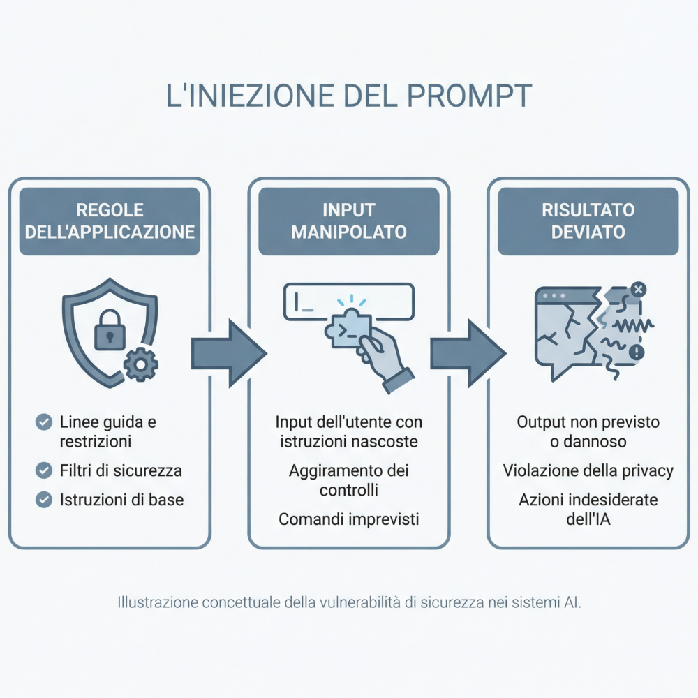 Schema dell'iniezione del prompt: Regole dell'applicazione, Input manipolato, Risultato deviato - illustrazione concettuale della vulnerabilità di sicurezza nei sistemi AI