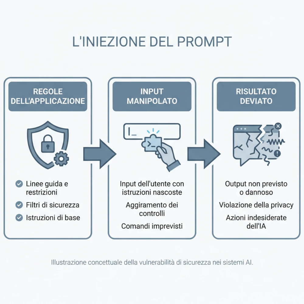 Schema della prompt injection: regole dell'app, input manipolato, risultato deviato