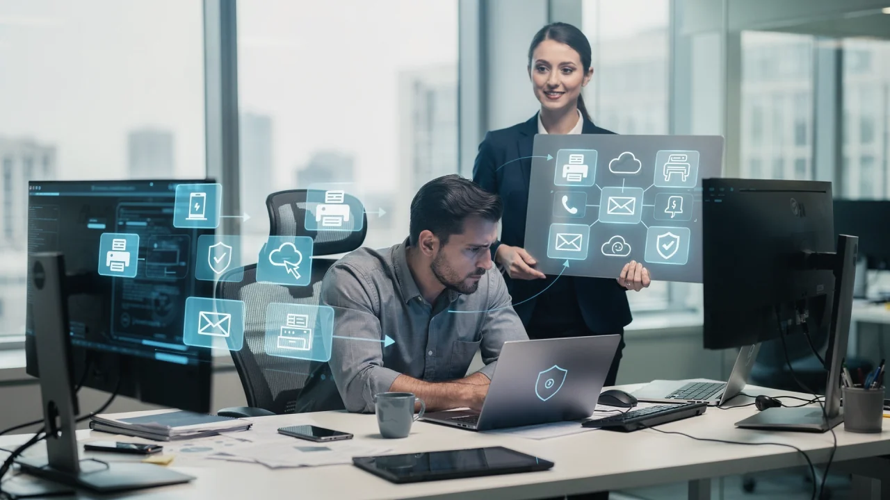 Responsabile IT al computer con una collega che mostra icone di servizi digitali protetti