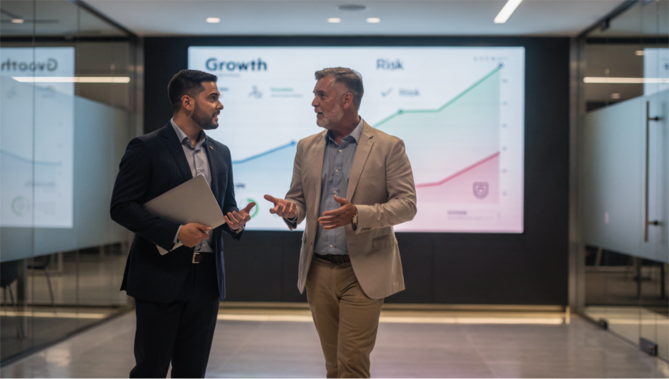 Due professionisti discutono davanti a grafici di Growth e Risk