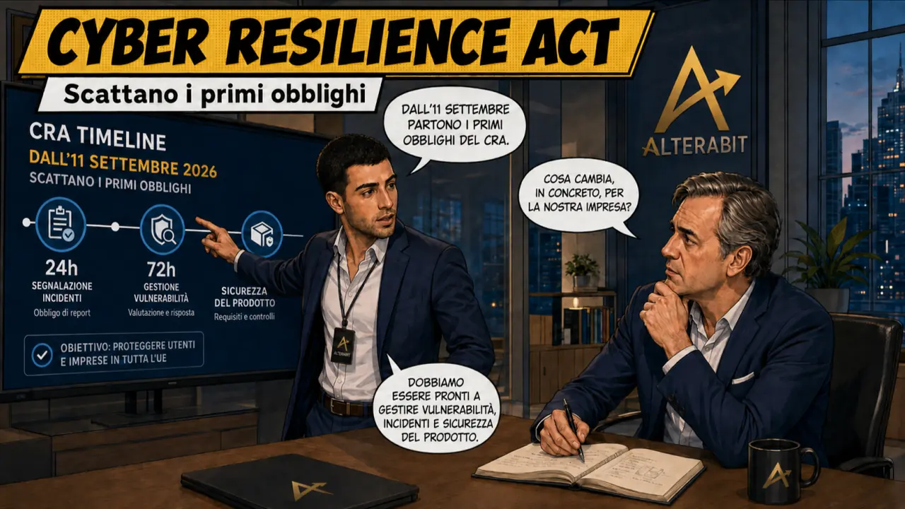 Consulente mostra al manager la timeline del Cyber Resilience Act: obblighi a 24 e 72 ore
