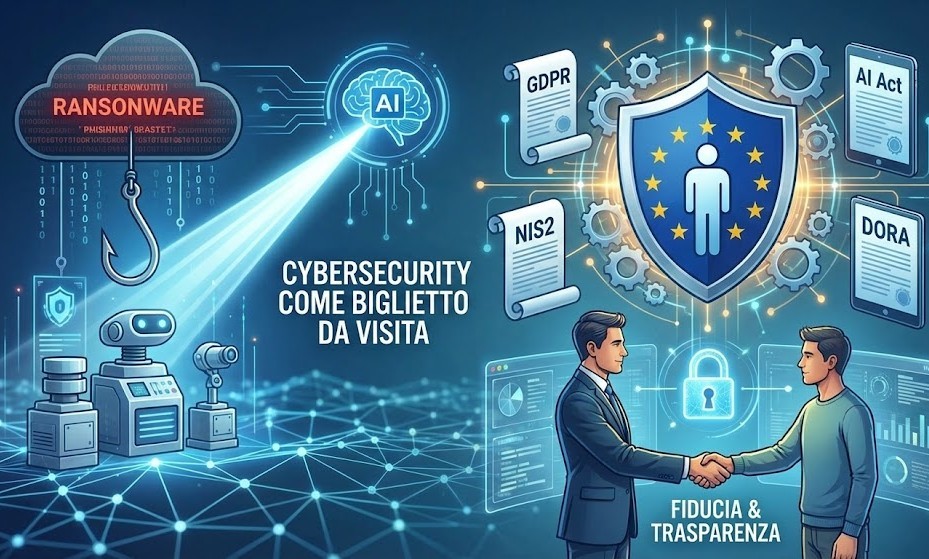 Illustrazione concettuale con elementi di cybersecurity, documenti GDPR, NIS2, DORA, AI Act e la scritta 'CYBERSECURITY COME BIGLIETTO DA VISITA', due persone che si stringono la mano sotto uno scudo europeo