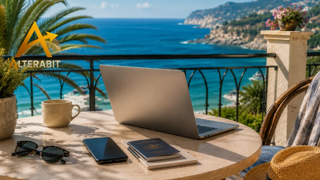 Laptop, smartphone e passaporto su un tavolino in terrazza affacciata sul mare