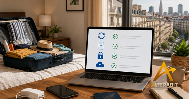 Valigia aperta e laptop con la checklist di sicurezza da completare prima di partire