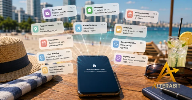 Smartphone bloccato in spiaggia con notifiche visibili: codici, pagamenti, viaggi