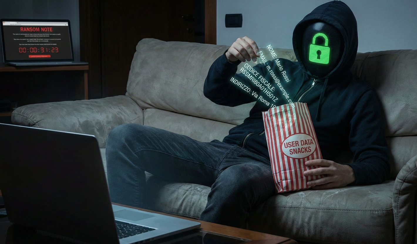 Figura incappucciata con volto-schermo verde a forma di lucchetto che mangia popcorn da un sacchetto con scritto 'USER DATA SNACKS', davanti a un laptop con messaggio di riscatto