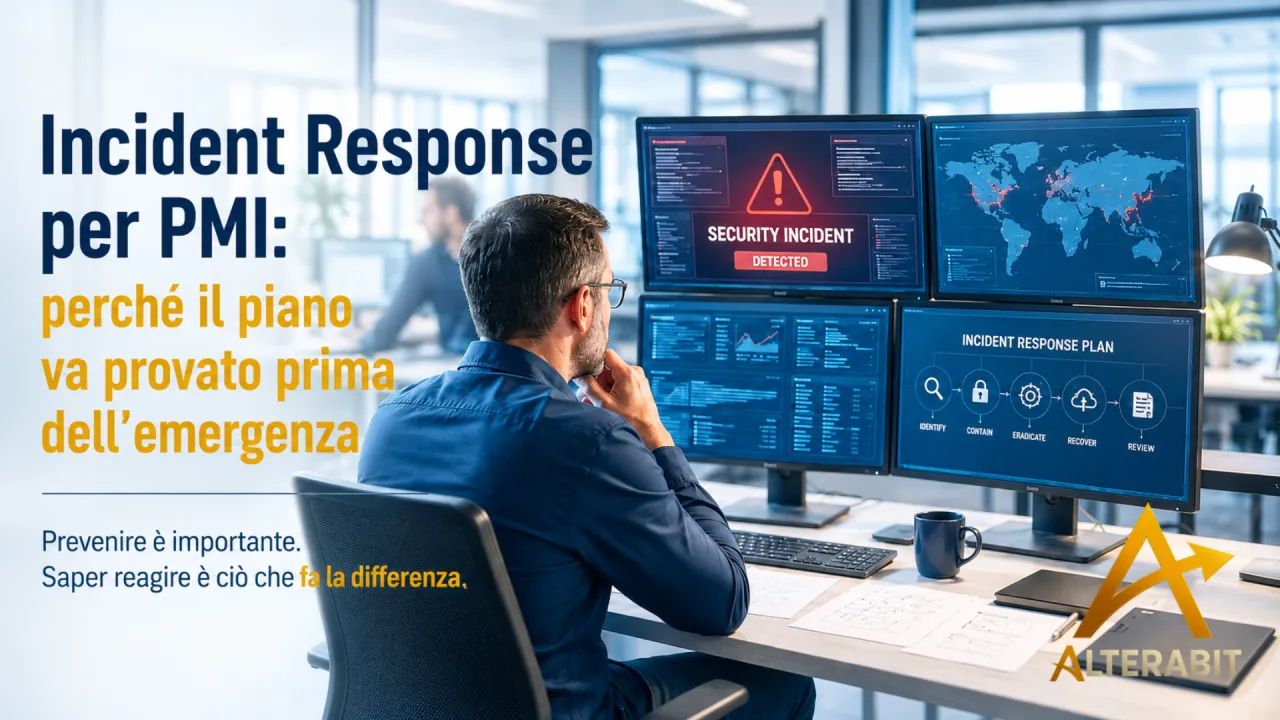 Analista ai monitor con un allarme di incidente di sicurezza e il piano di risposta