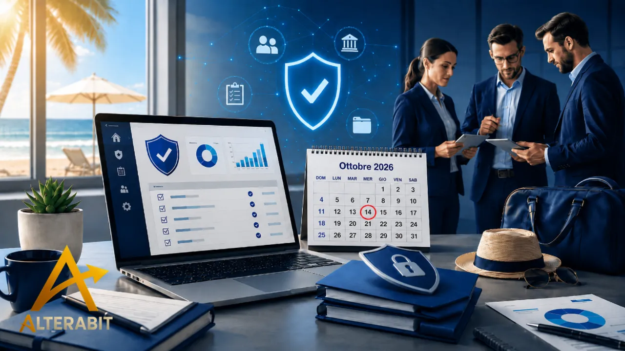 Calendario di ottobre 2026 con il 14 cerchiato, dashboard di sicurezza, team e spiaggia