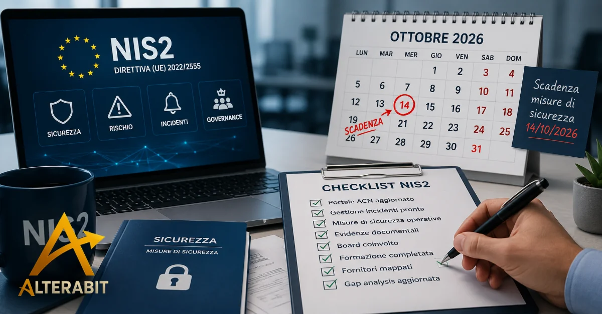 Checklist NIS2 spuntata a mano accanto al calendario con la scadenza del 14 ottobre 2026