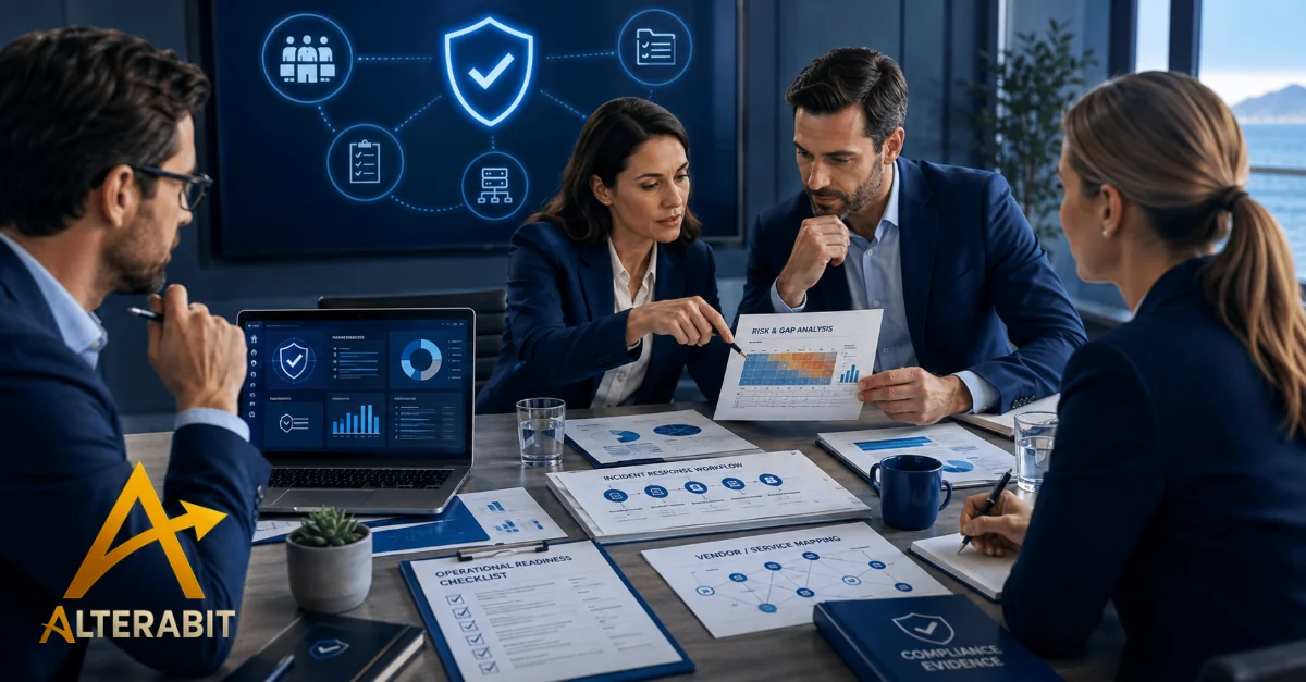 Team riunito su gap analysis, gestione incidenti, fornitori ed evidenze di conformità